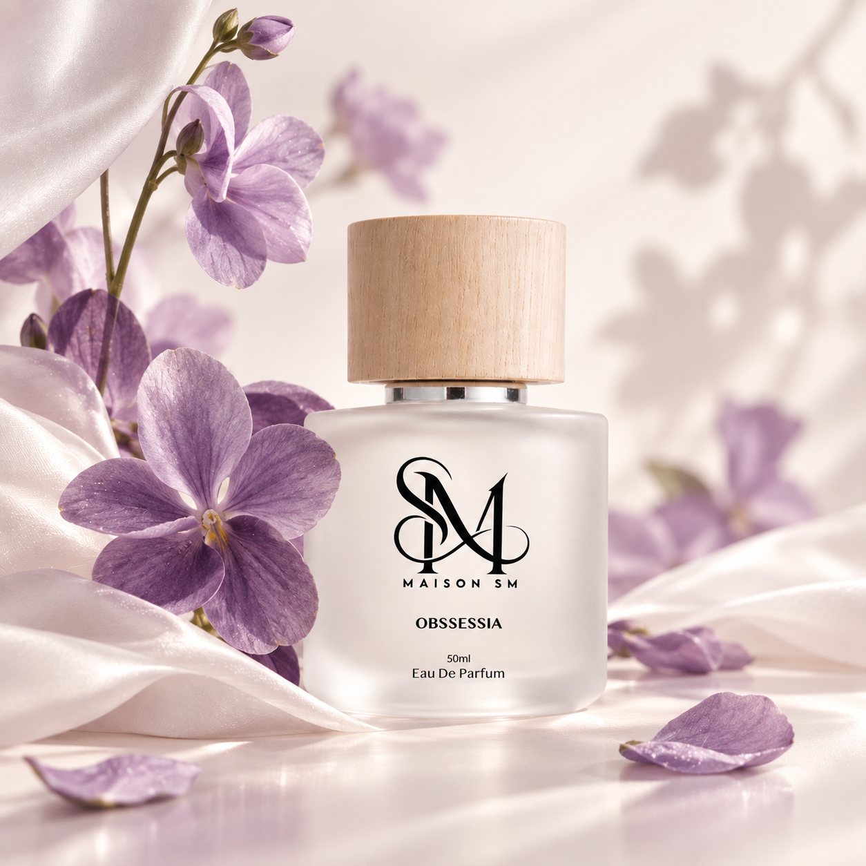 Parfum OBSSESSIA de Maison SM au milieu de fleurs violettes